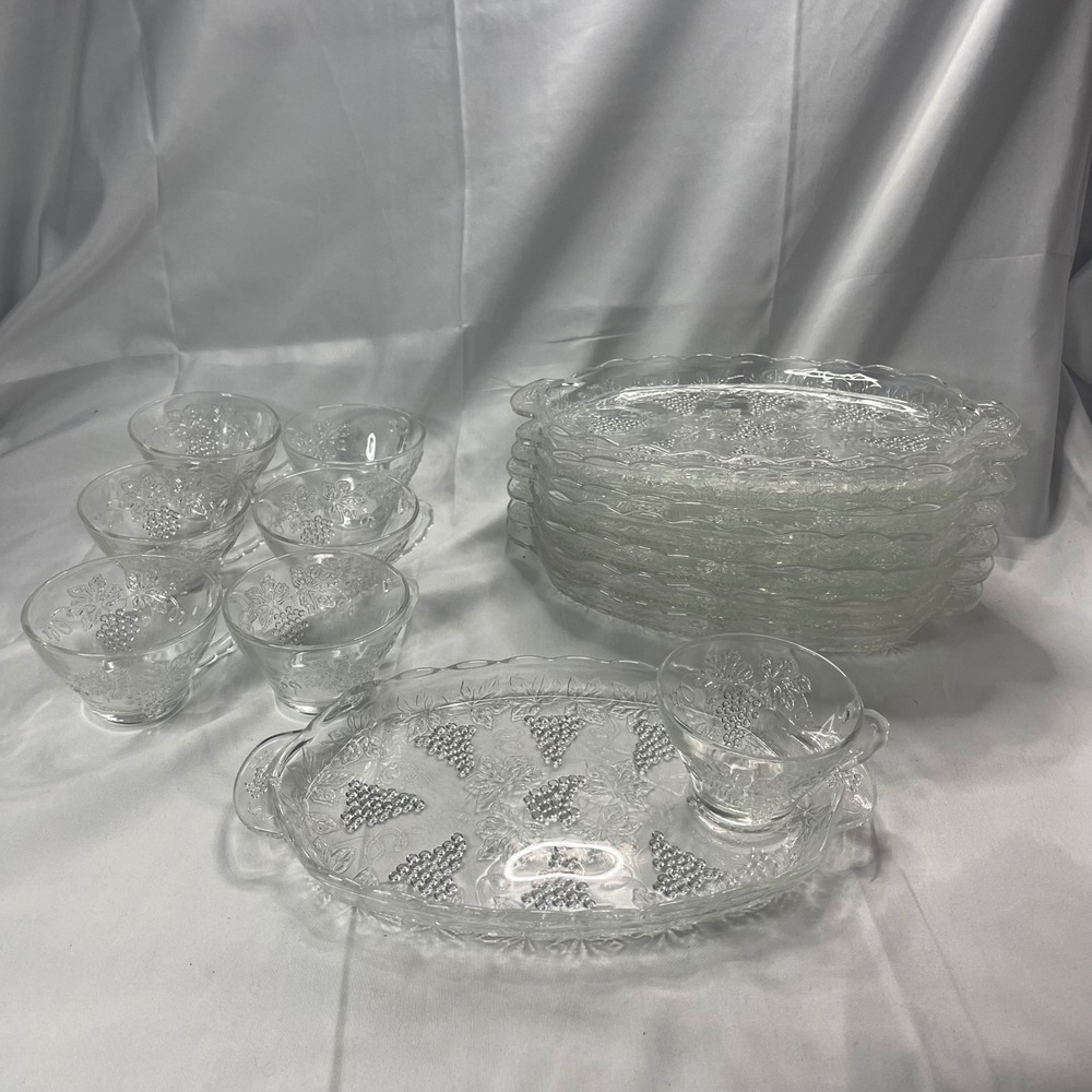 Vintage Glass Harvest Grape Snack Set 14pc Clear Pressed Glass Plates and Cups